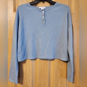 Caution to the Wind Long Sleeved Crop Top Women's Size Medium Blue Waffle Knit